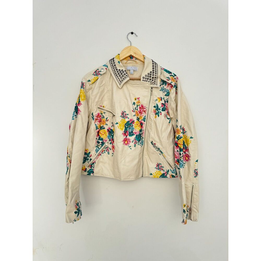 Ashley Nell Tipton for Boutique Floral Studded Faux Leather Moto Jacket Cream 2X